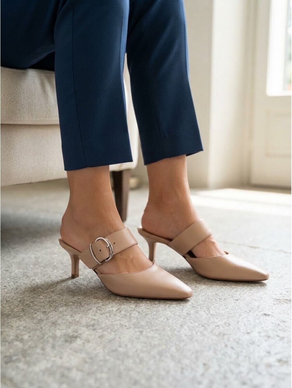 Paolo Women's Nude Leather Pointed Toe Kitten Heel Mules with Buckle Strap
